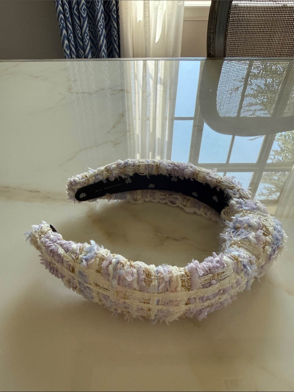 Lele Sadoughi Lavender and Cream Tweed Padded Headband with Gold Thread